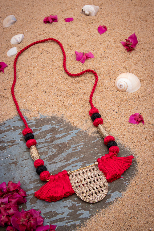 Miharu Red Black Brass Thread Matinee Necklace