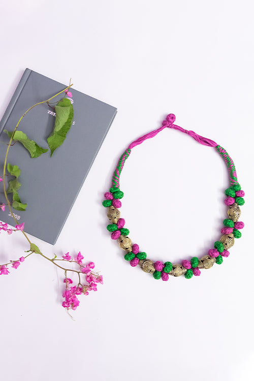 Miharu Light Pink-Light Green Brass Thread Choker Necklace D61m