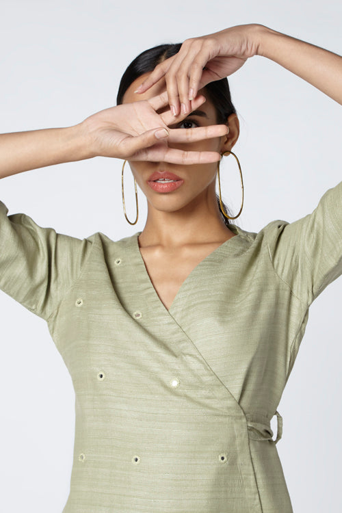 Eucalyptus Slik Blend Hand Embroidered Mirror Work Wrap Dress For Women Online