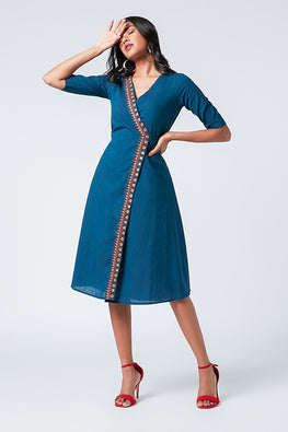 Nova Blue Embroidered V Neck Cotton Wrap Dress For Women Online