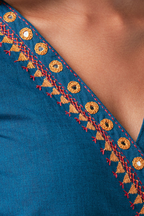 Nova Blue Embroidered V Neck Cotton Wrap Dress For Women Online