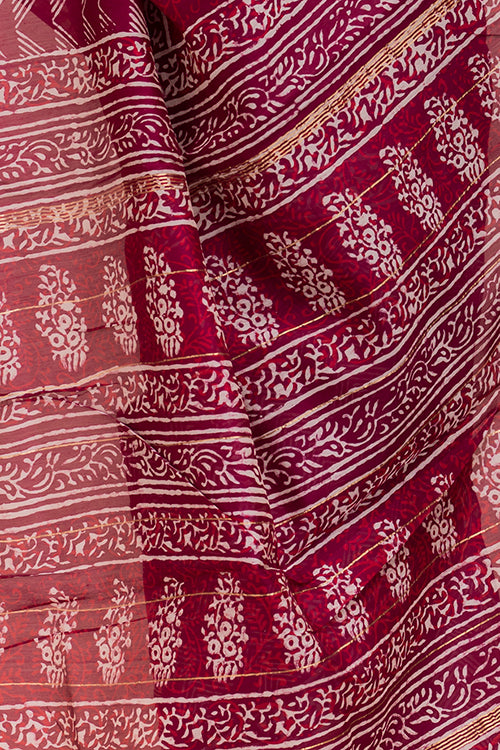 Deep Red Geometrics Dabu Block Printed Chanderi Saree Online