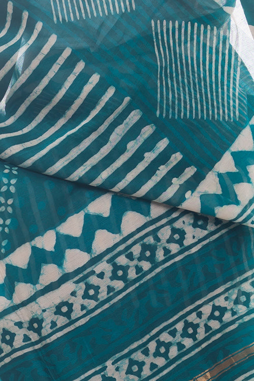 Dabu Block Printed Chanderi Saree - Green Geometrics