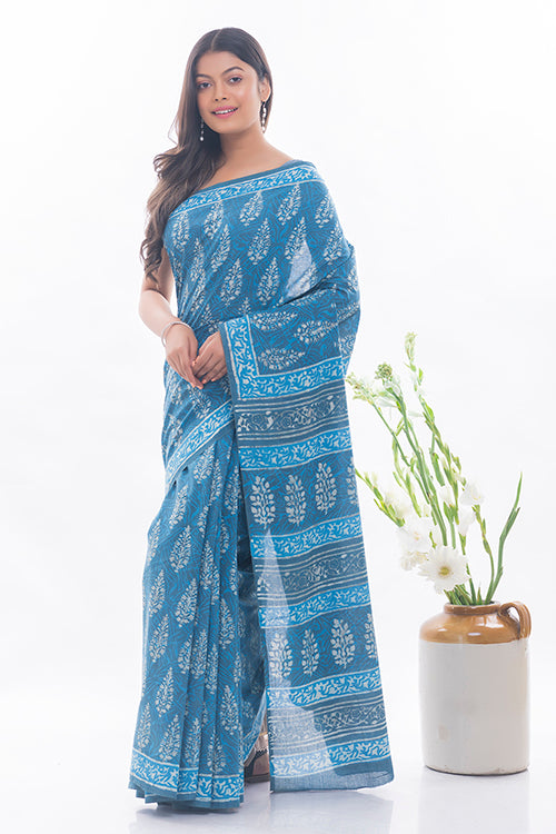 Summer Classics. Dabu Block Printed Cotton Saree - Warm Blue Leaves