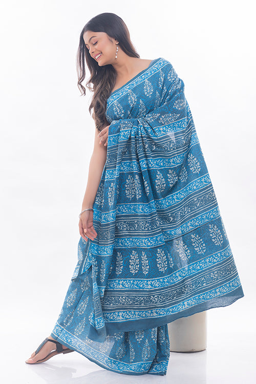 Summer Classics. Dabu Block Printed Cotton Saree - Warm Blue Leaves