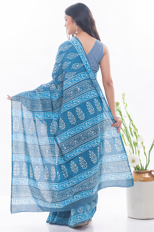 Summer Classics. Dabu Block Printed Cotton Saree - Warm Blue Leaves