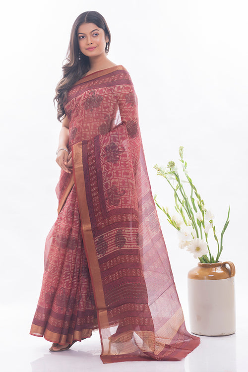 Bagru & Dabu Block Printed Pink Elephants Kota Doria Saree Online 