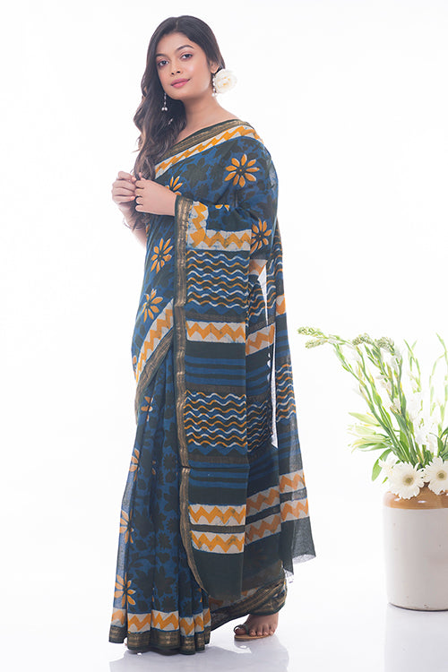 Summer Moods. Dabu Block Printed Maheshwari Saree - Blue & Yellow Daisies