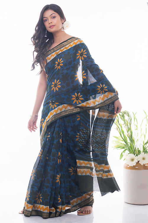 Summer Moods. Dabu Block Printed Maheshwari Saree - Blue & Yellow Daisies