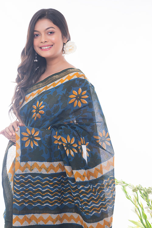 Summer Moods. Dabu Block Printed Maheshwari Saree - Blue & Yellow Daisies