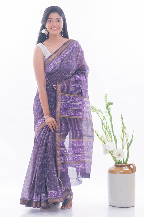 Summer Moods. Dabu Block Printed Maheshwari Saree - Purple Floral
