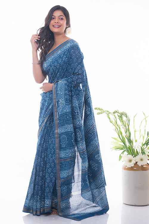 Summer Moods. Dabu Block Printed Maheshwari Saree - Blue Floral