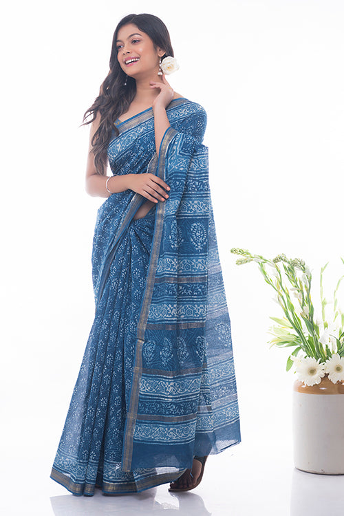 Summer Moods. Dabu Block Printed Maheshwari Saree - Blue Floral