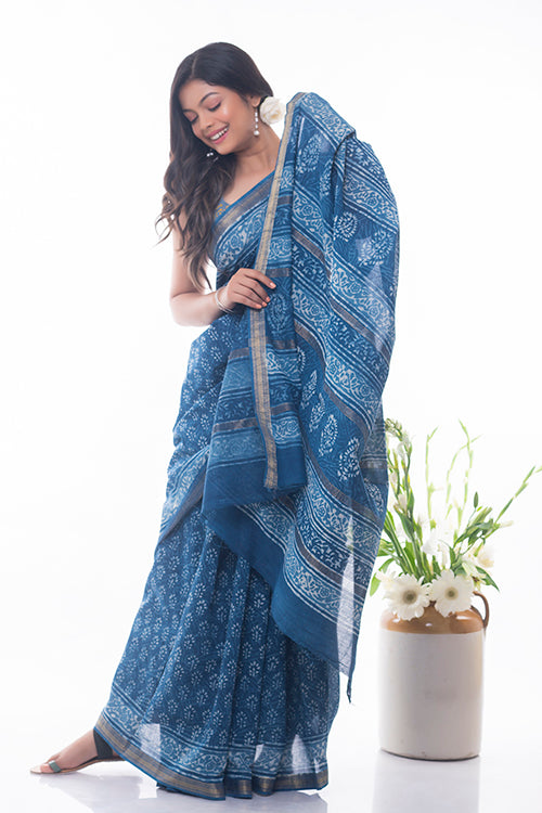 Summer Moods. Dabu Block Printed Maheshwari Saree - Blue Floral