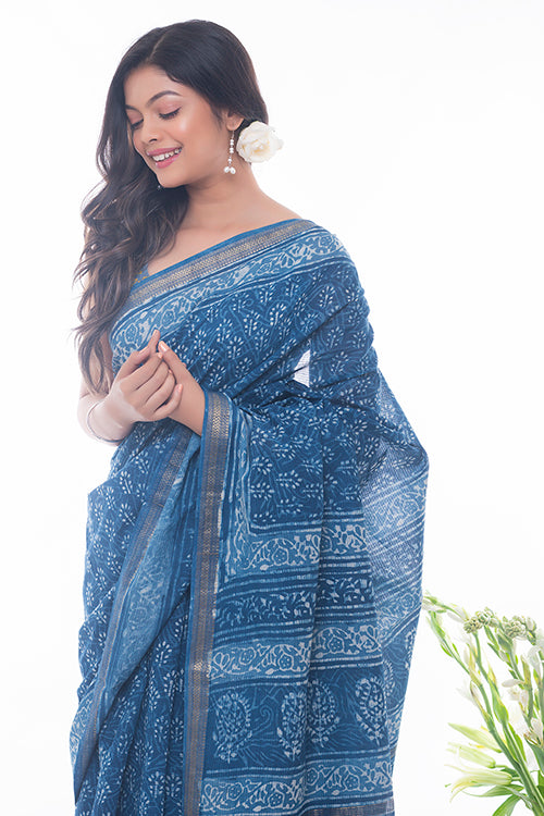 Summer Moods. Dabu Block Printed Maheshwari Saree - Blue Floral