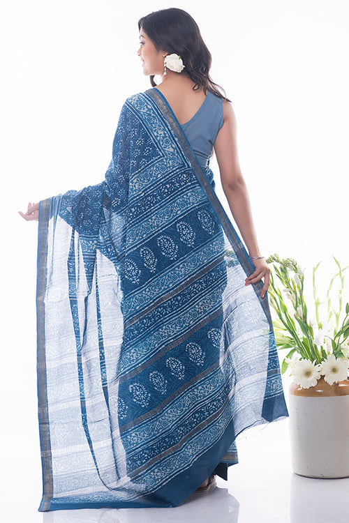 Summer Moods. Dabu Block Printed Maheshwari Saree - Blue Floral