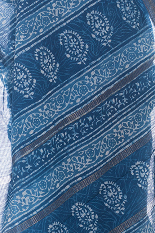 Summer Moods. Dabu Block Printed Maheshwari Saree - Blue Floral