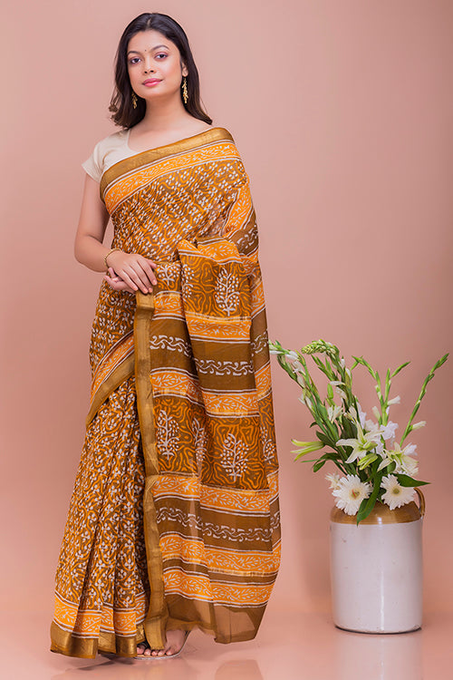 Summer Moods. Dabu Block Printed Maheshwari Saree - Brown & Yellow Motifs