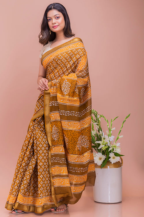 Summer Moods. Dabu Block Printed Maheshwari Saree - Brown & Yellow Motifs