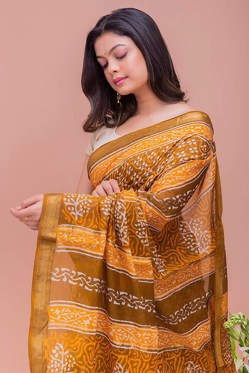 Summer Moods. Dabu Block Printed Maheshwari Saree - Brown & Yellow Motifs