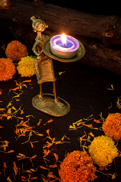 Miharu Standing Tribal Lady Dhokra Handmade Candle Stand Online