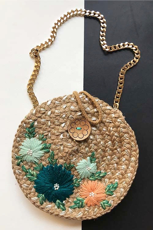 Dhaaga Handcrafts-Round silver sea green, pastel orange floral sling bag