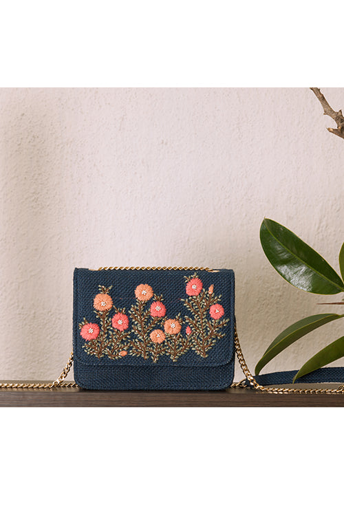 Navy Blue Floral Embroidered Flap Sling Bag