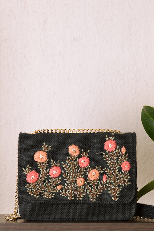 Black Floral Embroidered Sling Bag