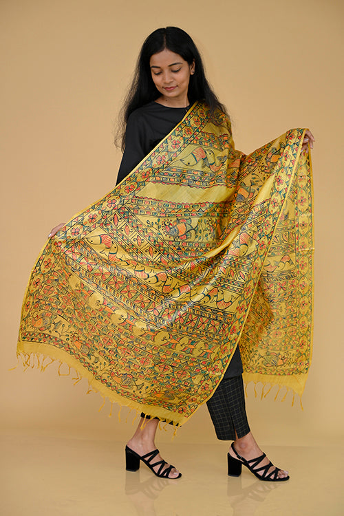 Diorama Designs Handpainted Tussar Silk Madhubani Dupatta