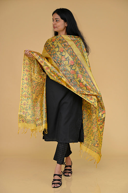 Diorama Designs Handpainted Tussar Silk Madhubani Dupatta