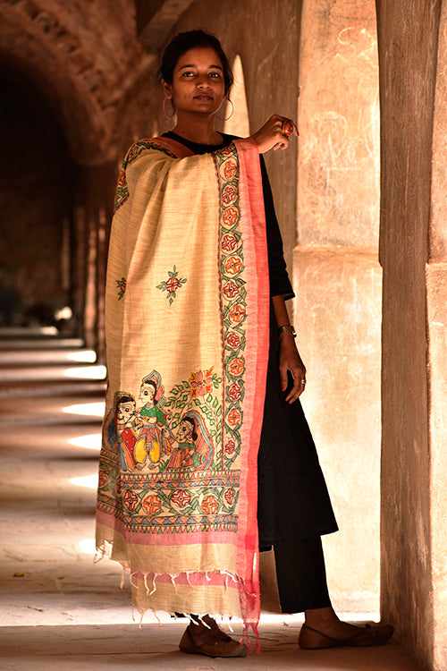 Madhubani Cotton Ram Sita Vivah Handpainted Dupatta