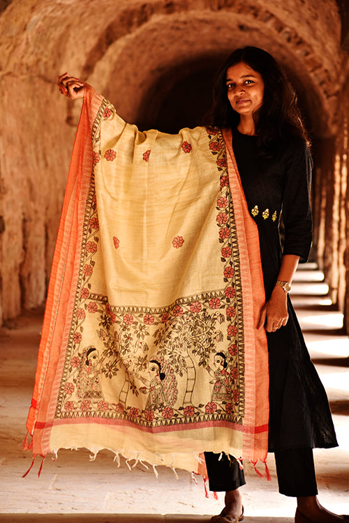 Diorama Designs Madhubani Handpainted Black-Red Handpainted Dupatta