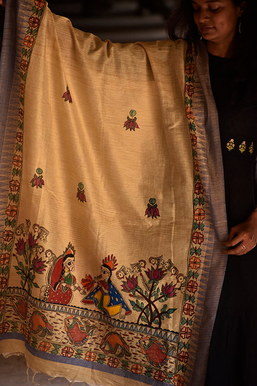 Madhubani Hand-Painted Radha Krishna Cotton Dupatta