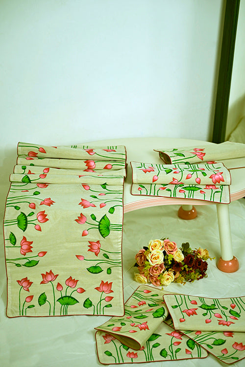 Diorama Designs Handpainted Pichwai Chanderi Silk  Table Runner & Mats