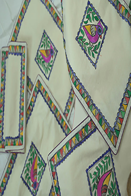 Diorama Designs Chanderi Silk Handpainted Madhubani Table Runner & Mats