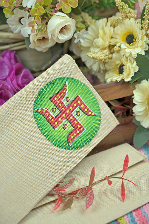 Jute Hanpainted Swastik Envelope - Set Of 4