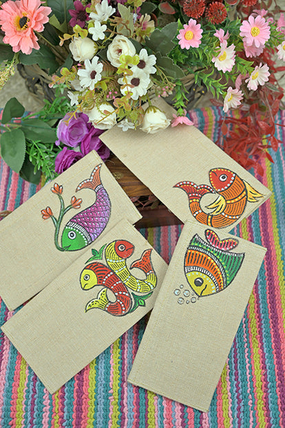 Diorama Designs Jute Hanpainted Fishes Envelope - Set Of 4