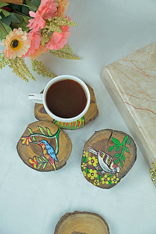 Diorama Designs Teak Wood Handpainted Nestling Coasters- Set Of 4