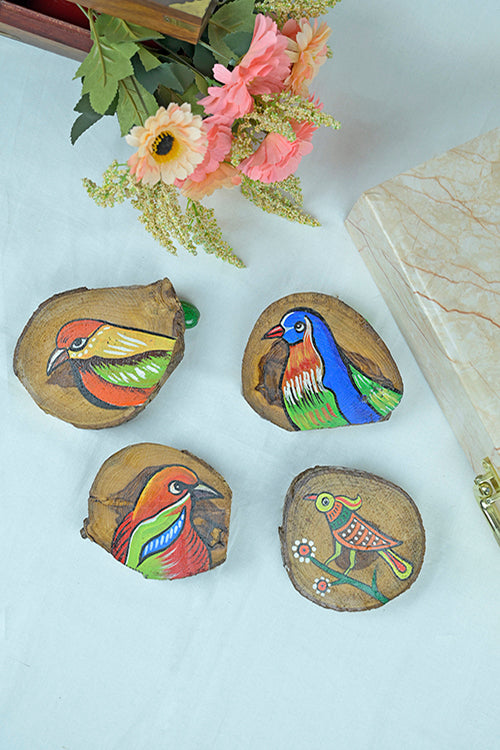 Diorama Designs Teak Wood Handpainted Birdie Coasters- Set Of 4