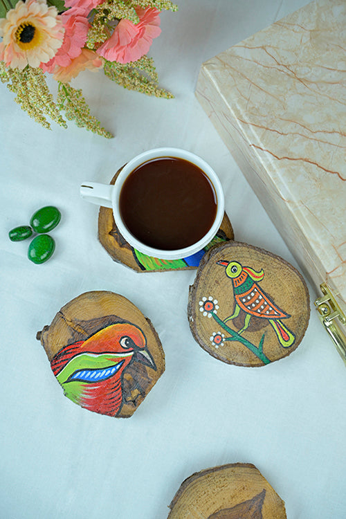 Diorama Designs Teak Wood Handpainted Birdie Coasters- Set Of 4