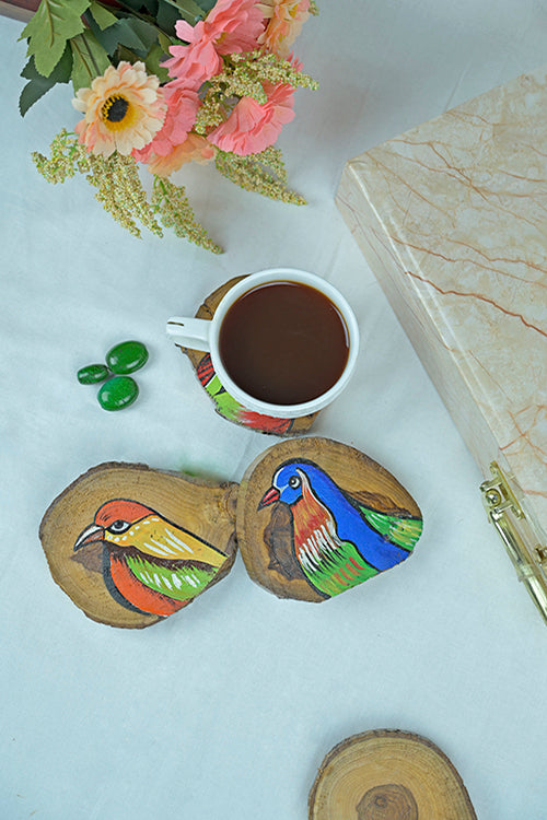 Diorama Designs Teak Wood Handpainted Birdie Coasters- Set Of 4