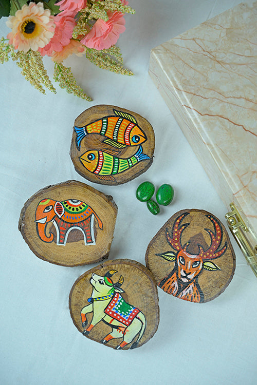 Teak Wood Handpainted Wilderness Coasters- Set Of 4