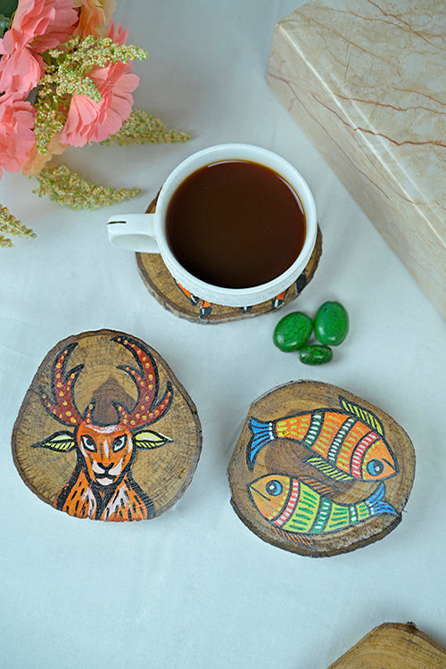 Teak Wood Handpainted Wilderness Coasters- Set Of 4