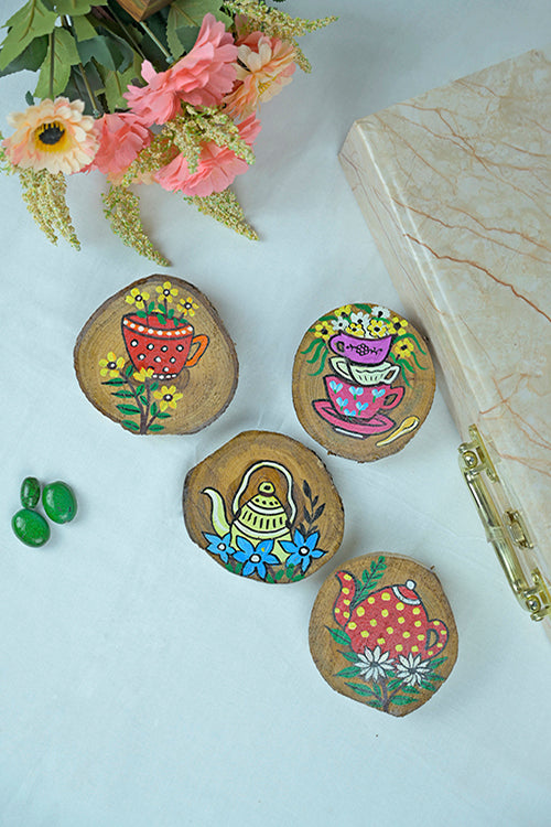 Diorama Designs Teak Wood Handpainted Tea-Time Coasters- Set Of 4