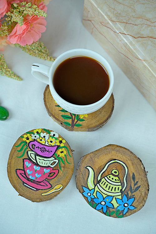 Diorama Designs Teak Wood Handpainted Tea-Time Coasters- Set Of 4