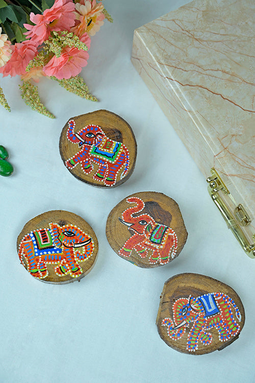 Diorama Designs Teak Wood Handpainted Tusker Coasters- Set Of 4