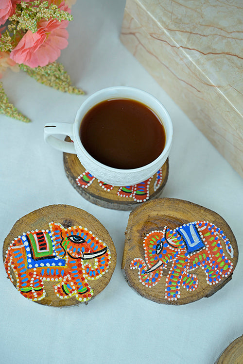 Diorama Designs Teak Wood Handpainted Tusker Coasters- Set Of 4