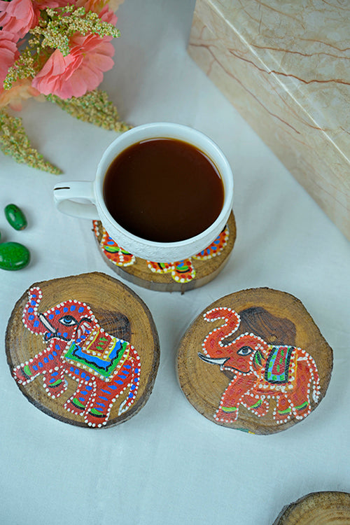 Diorama Designs Teak Wood Handpainted Tusker Coasters- Set Of 4