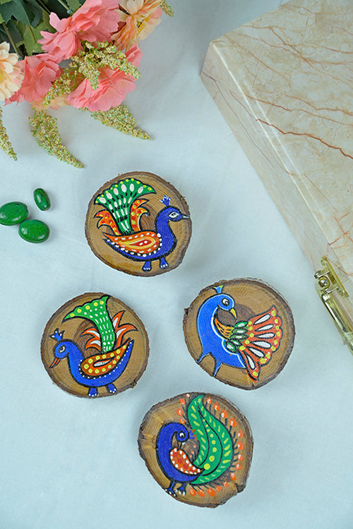 Teak Wood Handpainted Mayura Coasters- Set Of 4