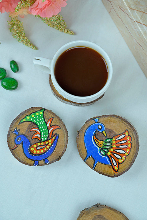 Teak Wood Handpainted Mayura Coasters- Set Of 4